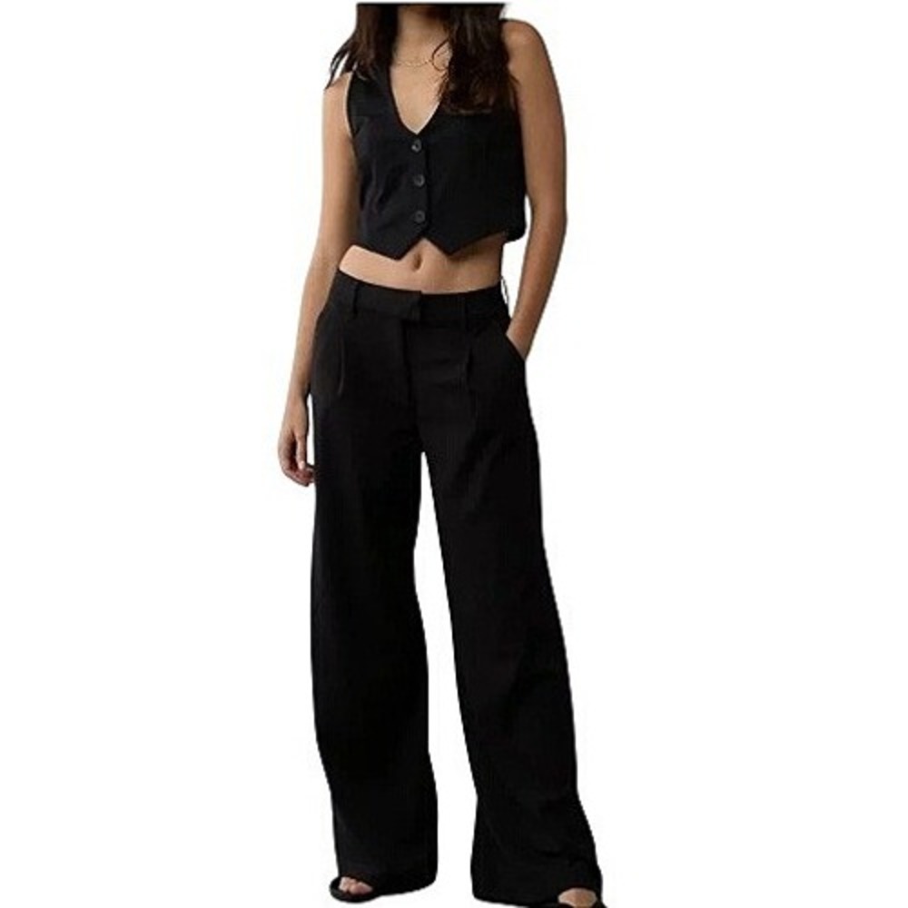 American Eagle Stretch High Rise Wide Leg Trouser Women Size 10 Black Good